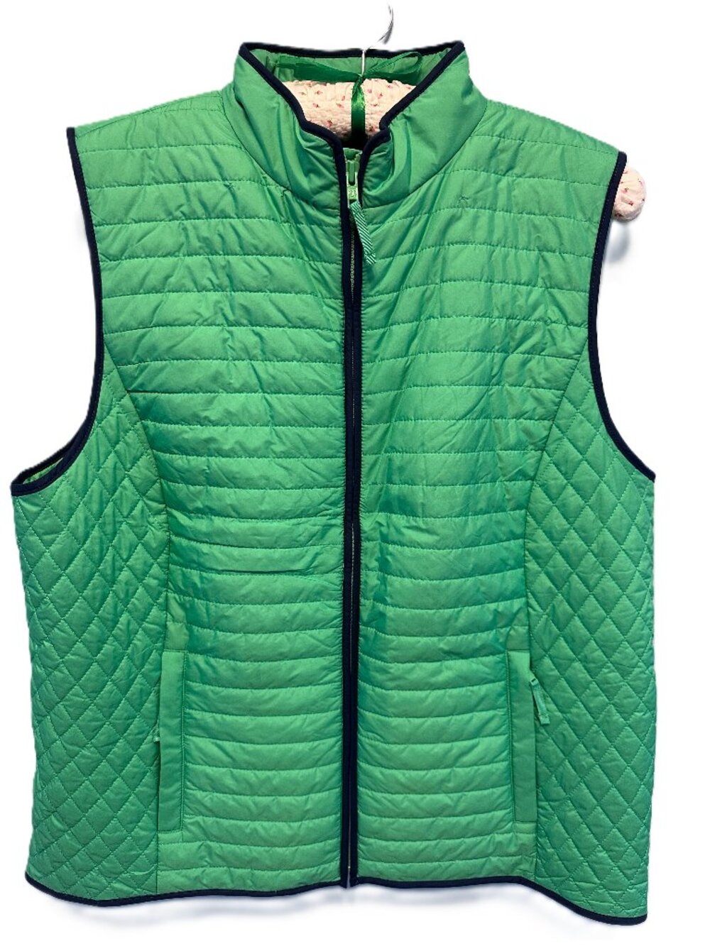 Talbots Green Quilted Puffer Vest Navy Trim Full Zip Women’s XL